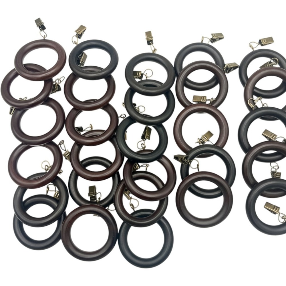 Lot of 28 Wood Curtain Rings with Clips Dark Brown Drapery Hardware 2 3/4"